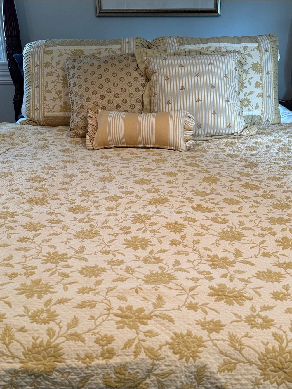 Ethan Allen Cream and Gold Floral Quilted Duvet Cover, Throw Pillows & Bedskirt